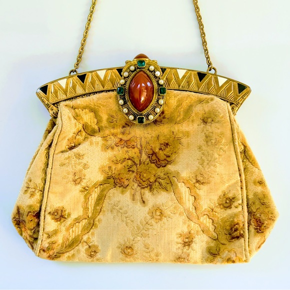 Antique Bags French Art Deco Tapestry Needlepoint Enamel Frame Bag